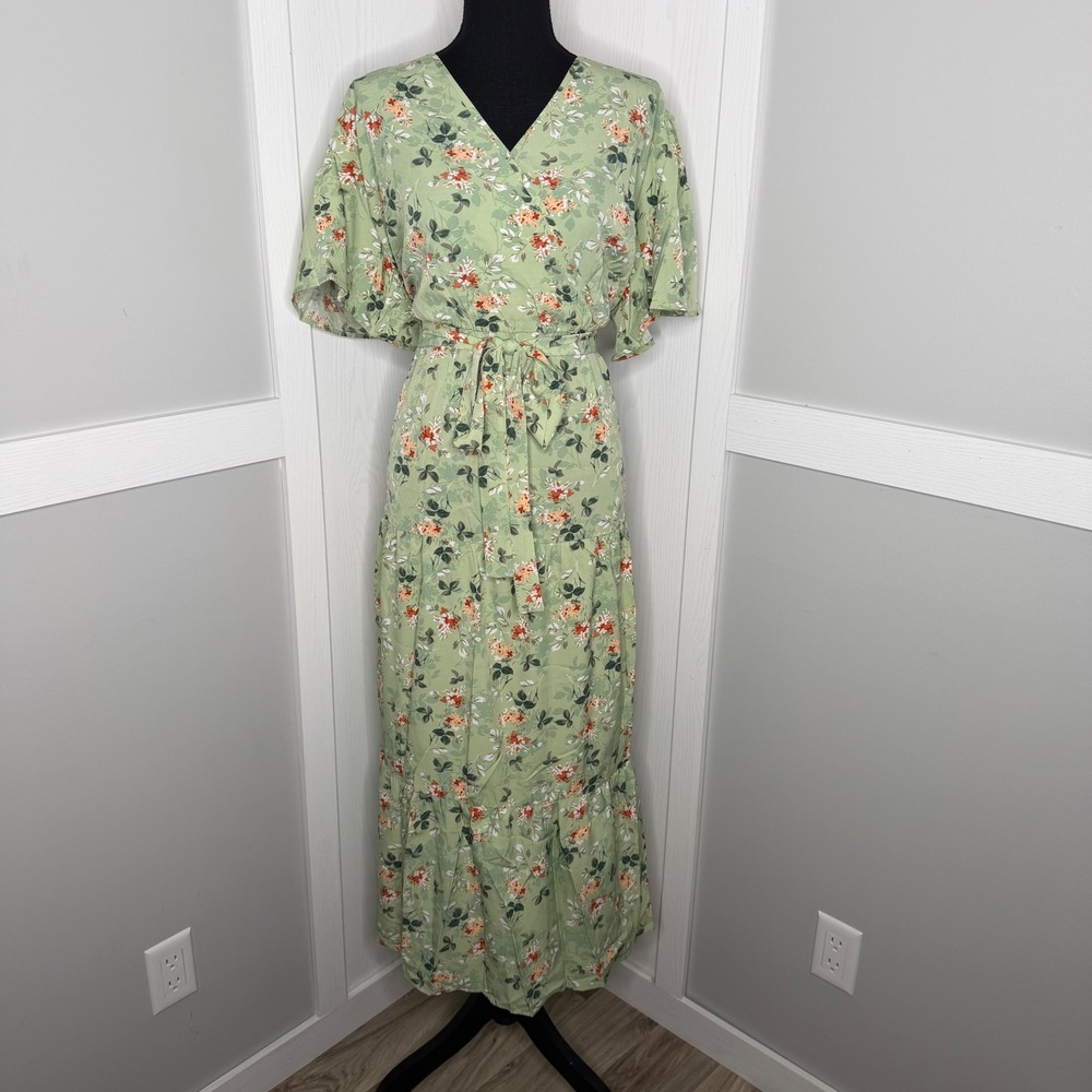 Yesfashion Maxi Dress Women 2XL Green Floral Faux Wrap Tiered Short Sleeve NEW